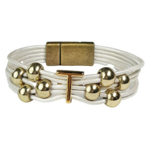 White Leather Bracelet Gold Initial T