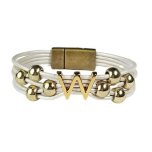 White Leather Bracelet Gold Initial W