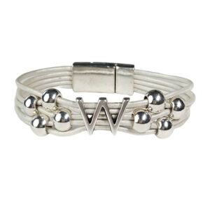 White Leather Bracelet Silver Initial W