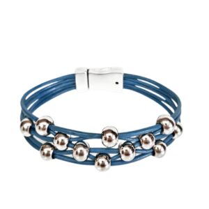 Dark Blue Leather Bracelet with silver beads