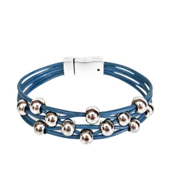 A blue leather bracelet with silver beads on it.