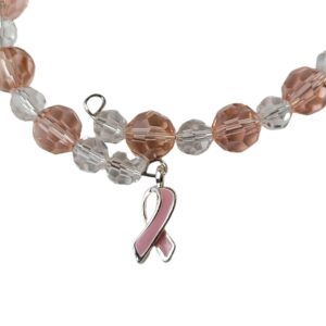 Breast cancer bracelet close up showing Austrian crystals and silver enamel pink ribbon charm